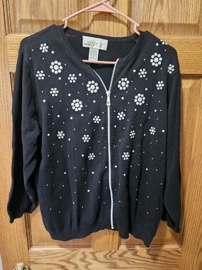C.D. Sport Black Zip Cardigan with White Studded Floral Accents